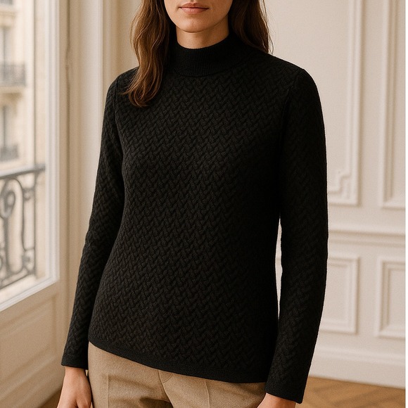 Charter Club Textured Mock Neck Pullover Black Sweater Cable Knit Cashmere Small
